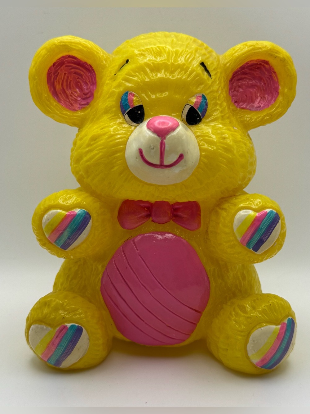 Vintage 1984 Small World Imports Yellow Teddy Bear Plastic Coin Bank Rainbow